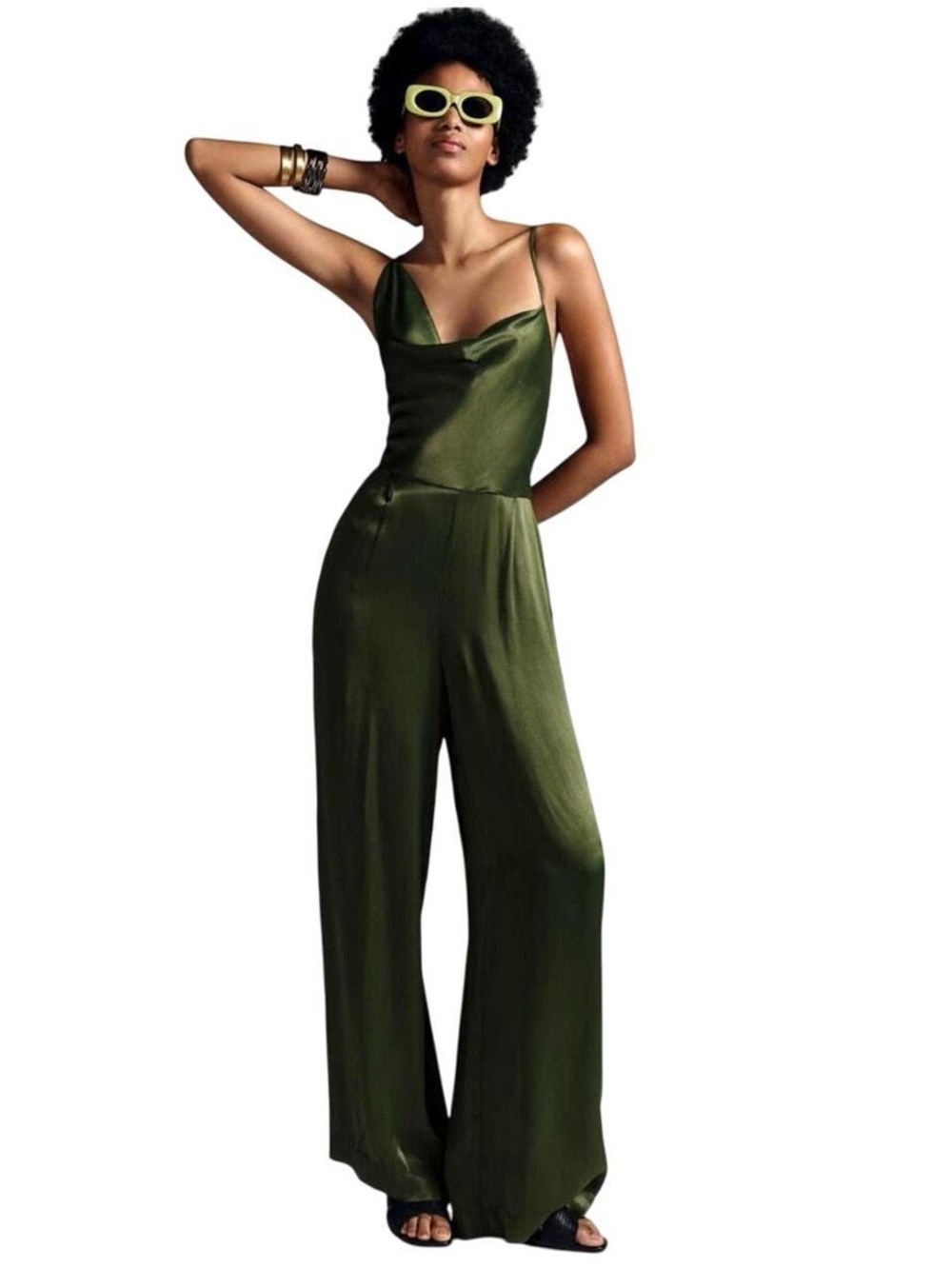 Anthropologie Olive Green Satin Cowl-Neck Wide-Leg Jumpsuit